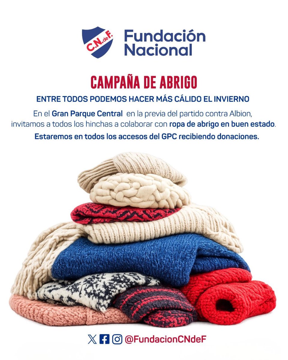 Nacional's tweet photo. Hoy, en la previa del partido ante Albion, @FundacionCNdeF estará realizando una jornada de recolección de ropa de abrigo 🧣 https://t.co/4te2kQO8dt