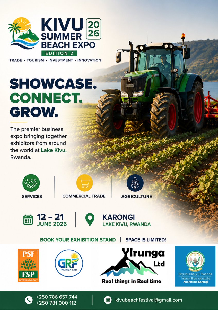 ReneGanza's tweet photo. KIVU SUMMER BEACH EXPO 2026 🌱🚜

A platform connecting agriculture, agribusiness, trade, and tourism at Lake Kivu, Rwanda. https://t.co/IZrrzYS3B6