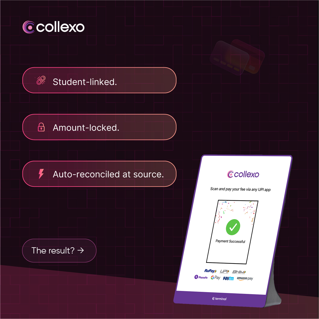 collexoind's tweet photo. What if reconciliation didn’t happen hours later, but before the student even walked away? That’s what Collexo Terminal is built for. A better way to collect fees via UPI at the counter. Know more here: https://t.co/aOWbVi1uta 🚀 https://t.co/UxeTZs8iD3
