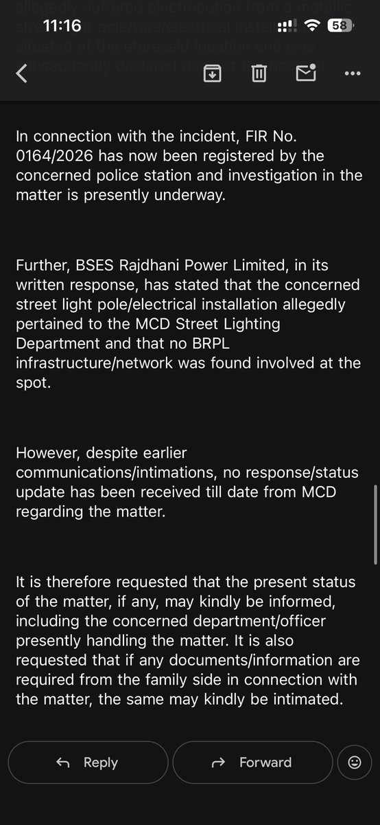 tweet_sachin22's tweet photo. Reminder 3

A electrical accident at Aurobindo Market, Hauz Khas resulted in the death of my uncle on 04/05/26. Despite repeated emails, no response received from MCD South Zone. Request immediate intervention. @MCD_Delhi @DCSOUTHZONE   @LtGovDelhi @gupta_rekha @AdditionalMcd https://t.co/3tWE7sHVxR