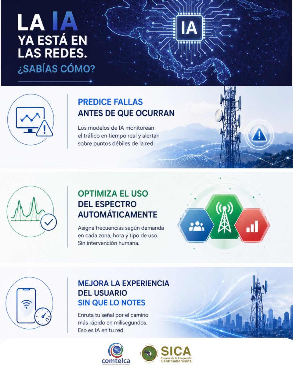 COMTELCA's tweet photo. La IA ya está transformando las telecomunicaciones: predice fallas, optimiza redes y mejora la conexión en tiempo real.

En el #MWC2026 vimos que el reto ahora es llevar esta innovación de forma equitativa a toda la región.

#IA #Telecomunicaciones #COMTELCA https://t.co/PcOUjfvuBw
