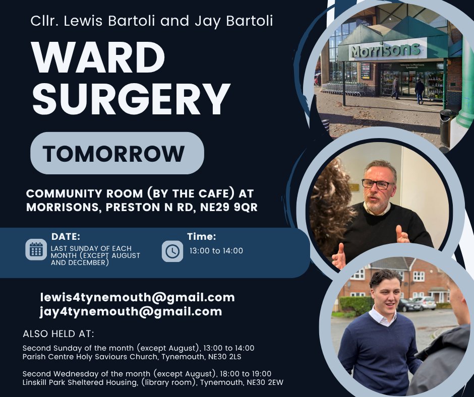 Lewis4Tynemouth's tweet photo. Councillors Lewis and Jay Bartoli will be holding a joint ward surgery tomorrow at the Morrisons Community Room, 1pm–2pm.

Please feel free to call along with any local issue or concern.

We’re here to help. https://t.co/zS5OPEX3sw