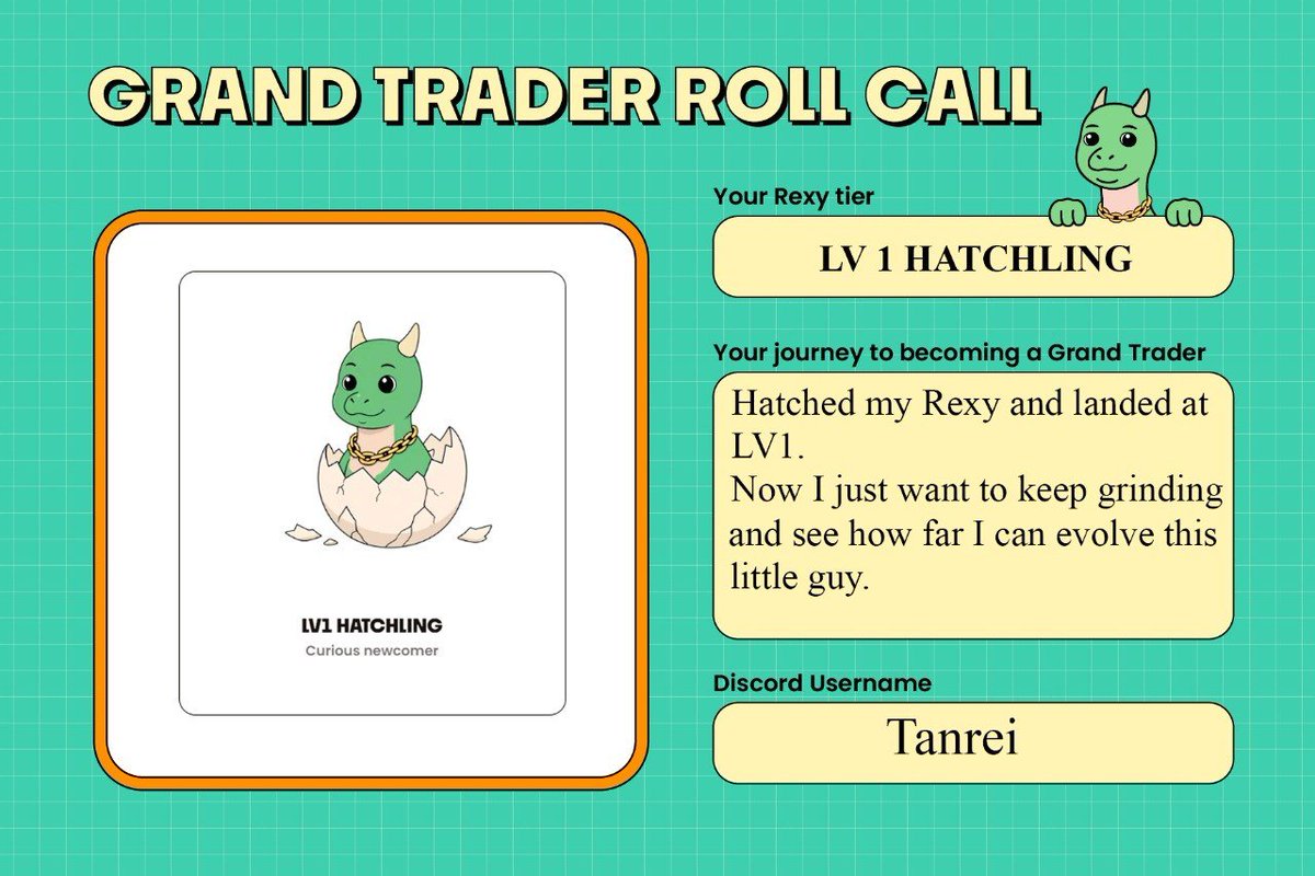 Bleims's tweet photo. Just hatched my Rexy and started the journey as a Grand Trader on @TREX_chain 🦖
Even at LV1, turning on-chain activity into a real identity feels pretty exciting.
Curious to see how far I can evolve this little guy 👀
Join me here: https://t.co/eJtmFpmMR1
#GrandTrader https://t.co/eFd9Zk4f9Q
