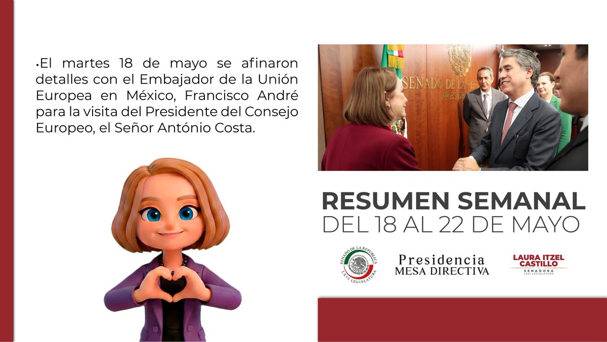 LauraI_Castillo's tweet photo. 📆 Te comparto las actividades más importantes que realizamos esta semana del 18 al 22 de mayo, así como los temas más destacados de la sesión de la Comisión Permanente.

Seguimos fortaleciendo el diálogo y legislando con energía y compromiso por la transformación y el bienestar del pueblo de México.