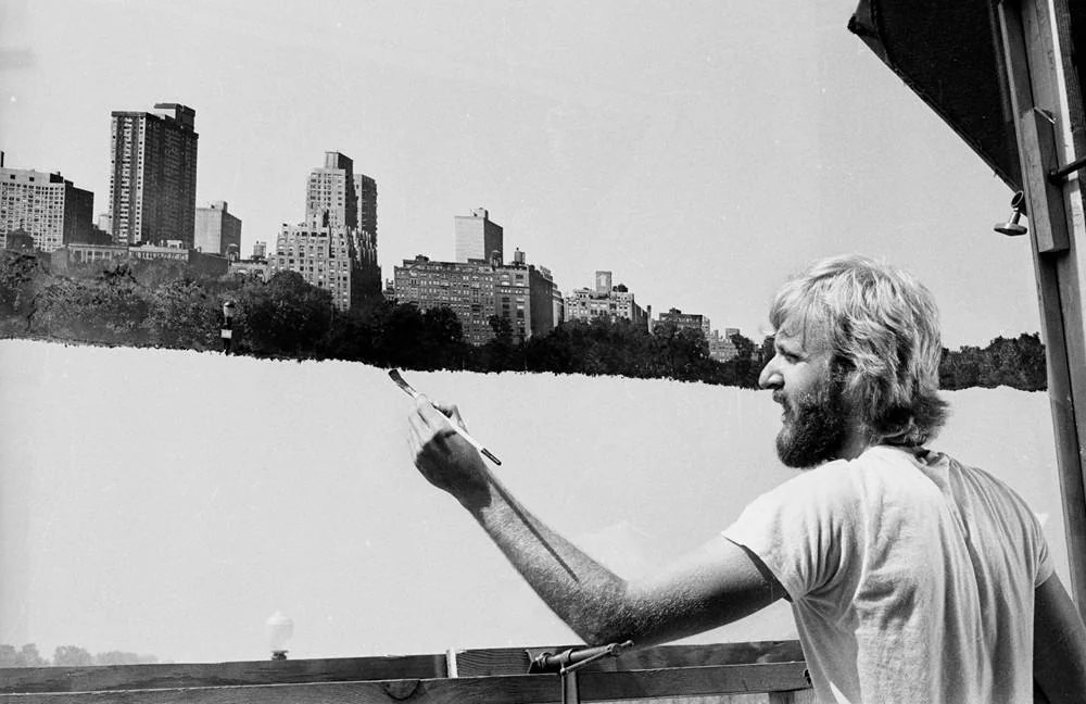 SciFiArchives's tweet photo. James Cameron making a matte painting of the New York skyline on a glass panel for John Carpenter's 'Escape from New York' (1981) https://t.co/u0GuGCGebv