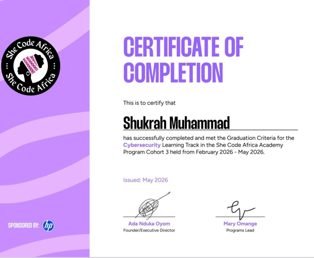 CyberOukhtee's tweet photo. Iโm excited to graduate from the She Code Africa Cybersecurity Program ๐๐
Over 12 weeks, I built skills in cybersecurity, Linux, and cloud security.
My capstone project: Cloud Storage Security Hardening using Amazon S3 โ๏ธ
Grateful to She Code Africa & HP
#scaxhp #SheCodeAfrica https://t.co/R9VIpMYyVa
