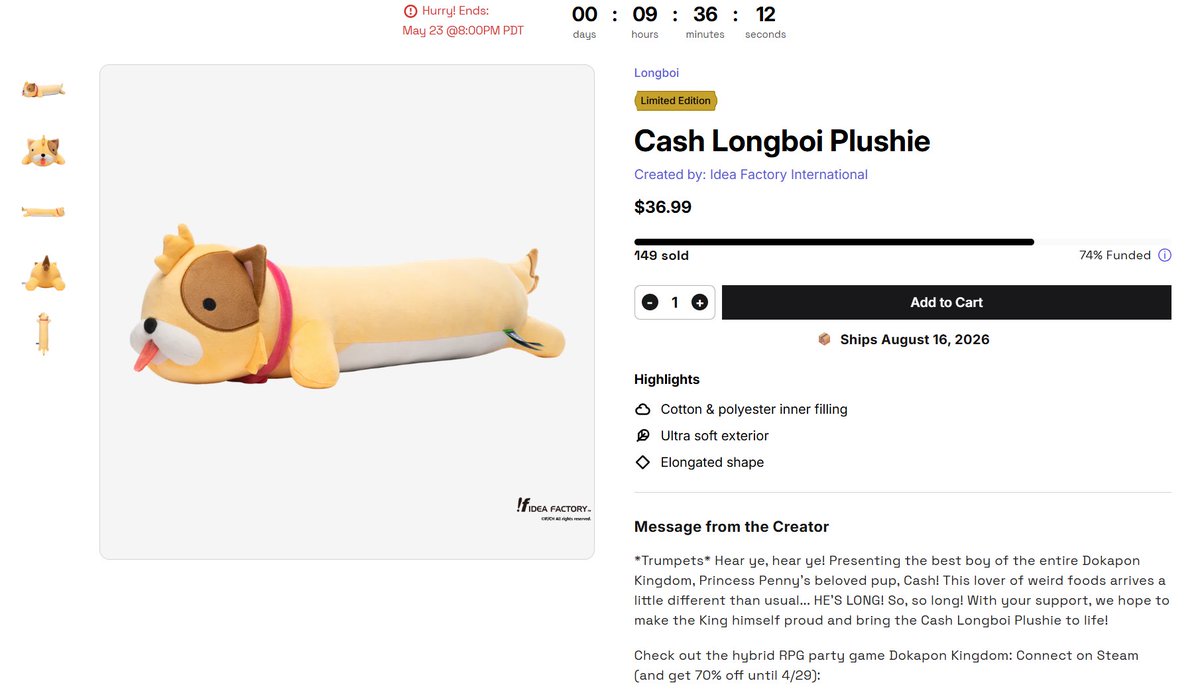 DokaponLibrary's tweet photo. There are only 9 hours left in the Makeship campaign for the Cash Plushie. Only 51 more purchases need to be made for the plushie to be fully funded. If the plushie does not meet its goal of 200 purchases, then it will not be made. Link to the campaign is in the post below. https://t.co/7C8kCRTzdw