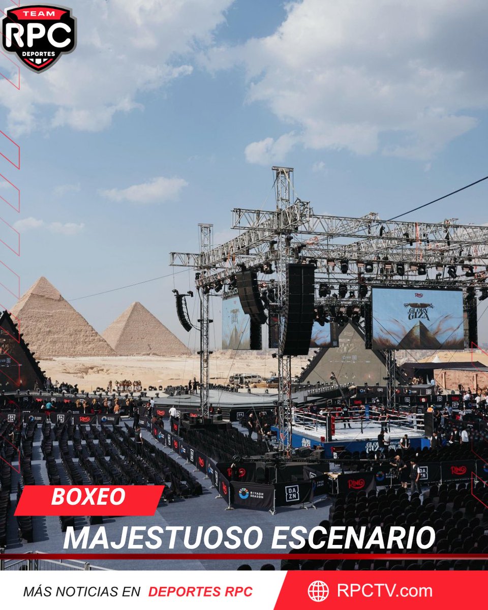 deportes_rpc's tweet photo. ¡El escenario en Egipto🥊😮💨!
Así luce el cuadrilátero con las Pirámides de Giza de fondo, en espera de la velada que lidera Oleksandr Usyk en choque ante Rico Verhoeven.
📸 @MatchroomBoxing
#BoxeoRPC https://t.co/OY1o6V7GDk