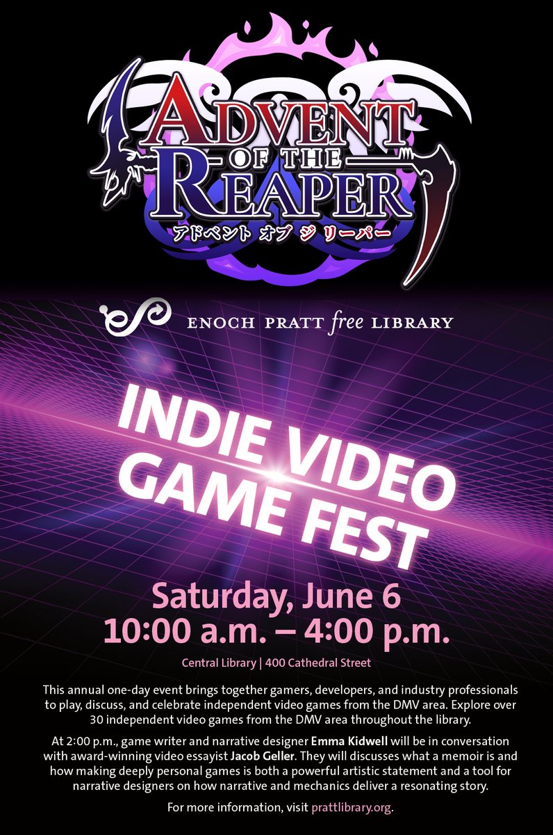 ReaperAdvent's tweet photo. Are you near the Baltimore, MD area? Come play the Advent of the Reaper demo (and many other awesome games) at the Indie Game Fest on June 6th! Event details:
https://t.co/pOCS1rB90K

#gamedev #indiedev #jrpg #pixelart https://t.co/44d5SZcKdc