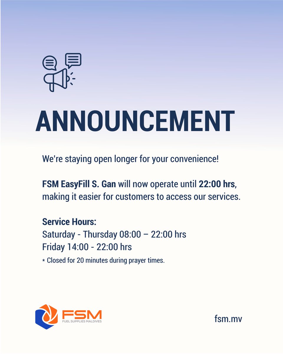 FuelSuppliesMv's tweet photo. We’re staying open longer for your convenience!
FSM EasyFill S. Gan will now operate until 22:00 hrs, making it easier for customers to access our services.
Service Hours:
08:00 – 22:00 hrs
#TeamFSM https://t.co/oYnOFHUEqn