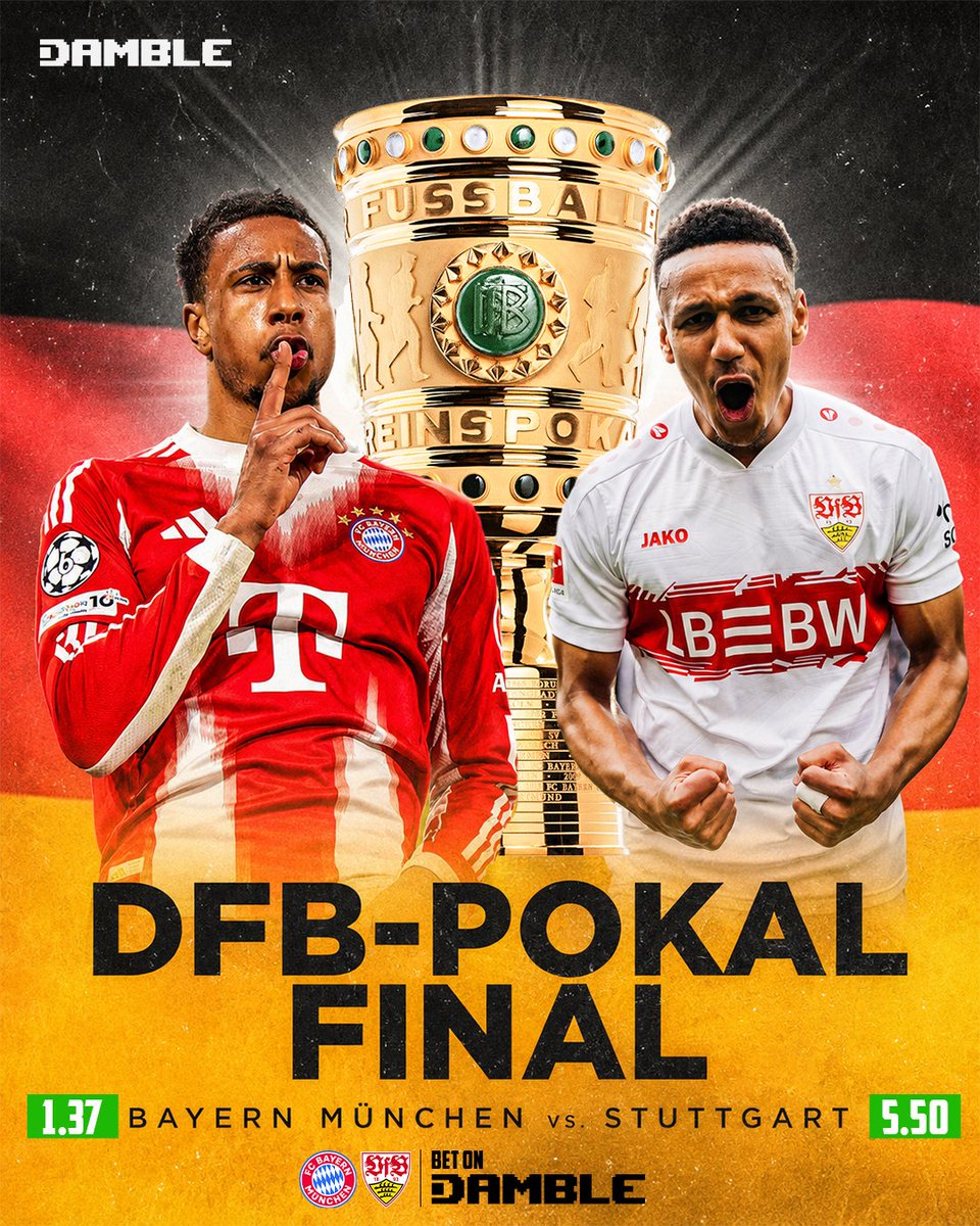 Dambleio's tweet photo. Bayern München vs Stuttgart tonight! 🔥

It's the DFB-Pokal Final! Bayern München are massive favorites against Stuttgart as they chase the trophy.

Live odds: Bayern München 1.37 | Stuttgart 5.50

Can Stuttgart pull off a huge upset or will Bayern lift the Pokal?

Bet live now on https://t.co/dTX3MQFE8b