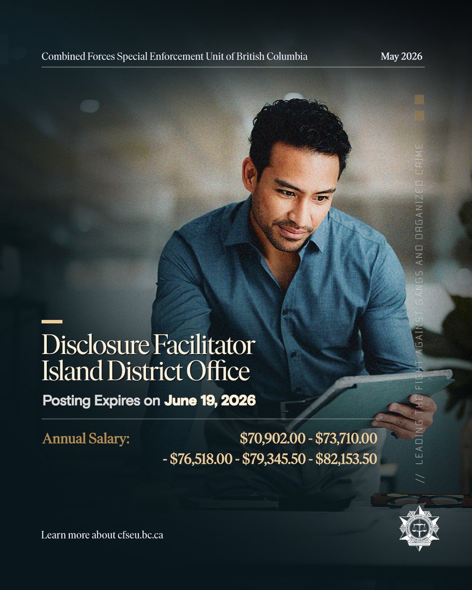 cfseubc's tweet photo. 🚨 CFSEU-BC / OCABC is hiring a Disclosure Facilitator in the Victoria Region.
Permanent full-time civilian role supporting major criminal investigations and Court disclosure.

📅 Apply by June 19, 2026
🌐 https://t.co/P1MxxuLlNd

#CFSEUBC #Hiring #VictoriaJobs https://t.co/c7RaLPMfjS