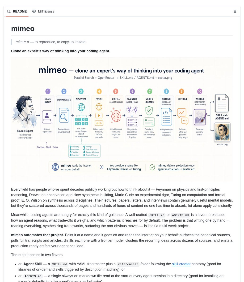 mimeo pipeline screenshot showing expert source discovery, clustering, quote verification, and SKILL.md or AGENTS.md generation