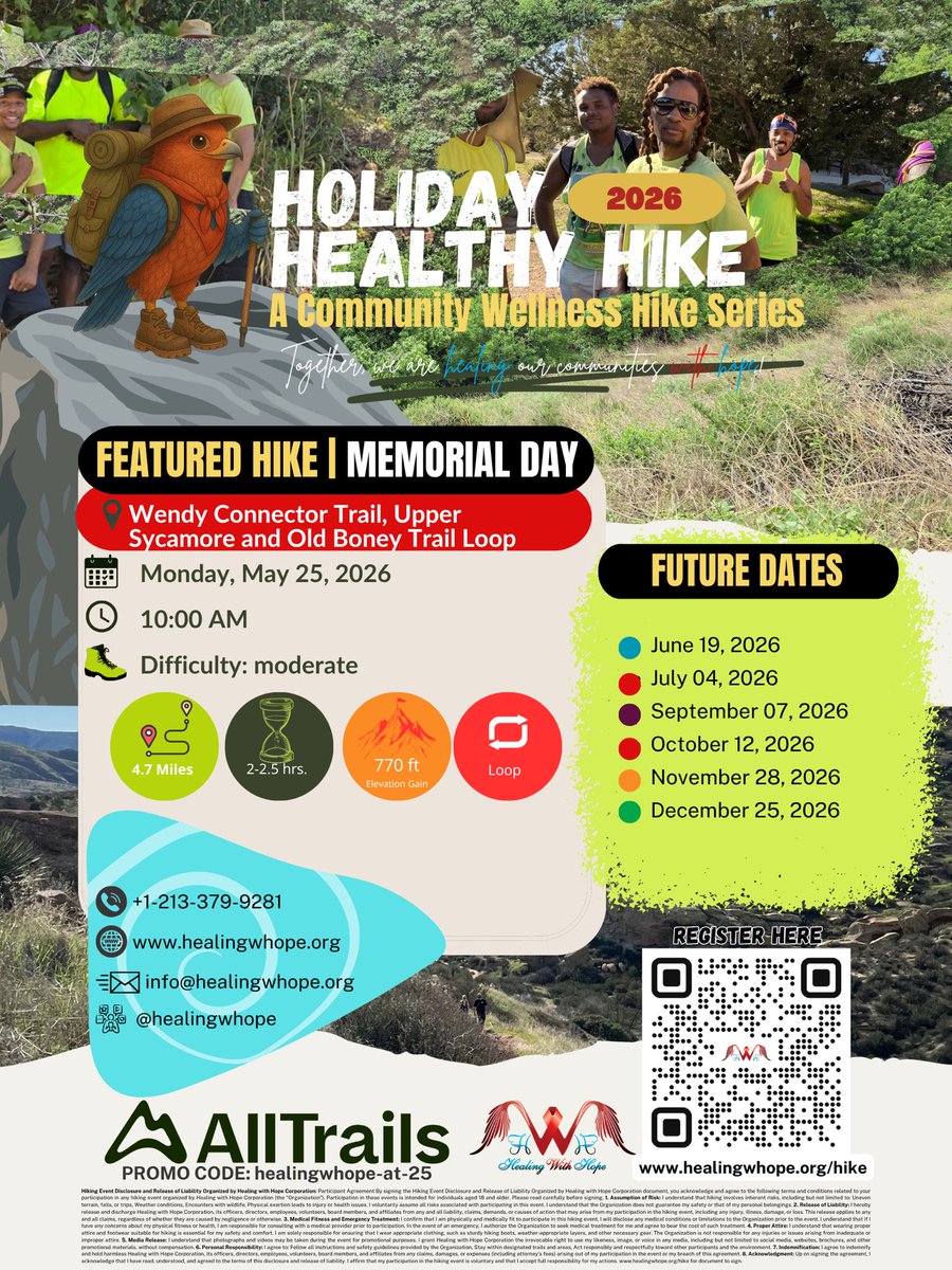 HealingwHope's tweet photo. 🇺🇸🥾 Join us, this Memorial Day for our Holiday Healthy Hike Series!

📍 Wendy Connector Trail, Upper Sycamore &amp; Old Boney Trail Loop
📅 Monday, May 25, 2026
⏰ 10:00 AM
🥾 Moderate | 4.7 Miles | Loop Trail

🎟 More Info: https://t.co/nbqqh4DsaV
📞 213-379-9281
@bonezdrt https://t.co/XkyUwFHO35