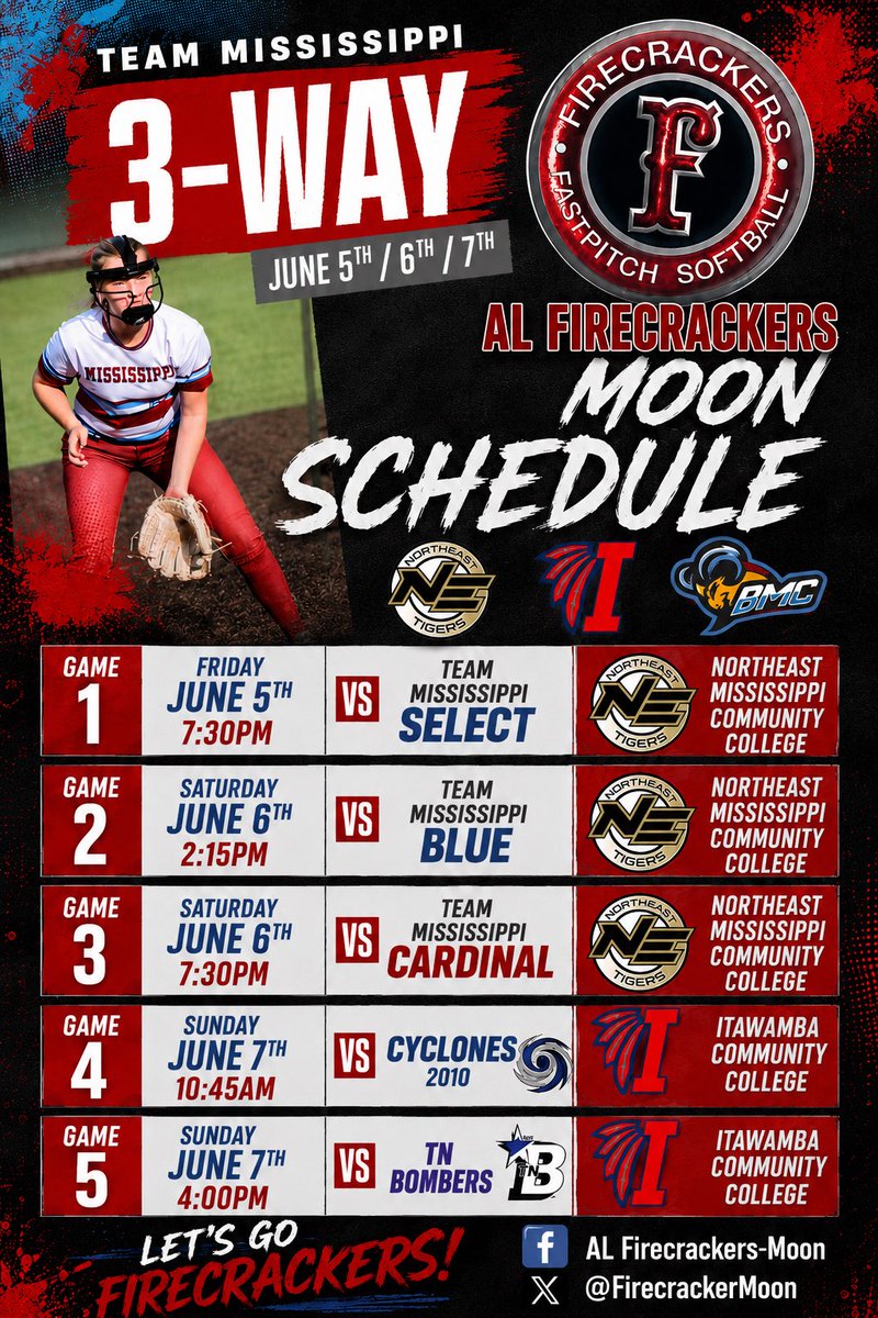FirecrackerMoon's tweet photo. First Tournament schedule drop!! Can’t wait to head to MS! @Kevin16Connell @nemccsoftball @LetsGoICC_SB @NWCCSoftball @NWSCC_SB @coachangelbrown @UNASoftball https://t.co/QzJqyEpwdj