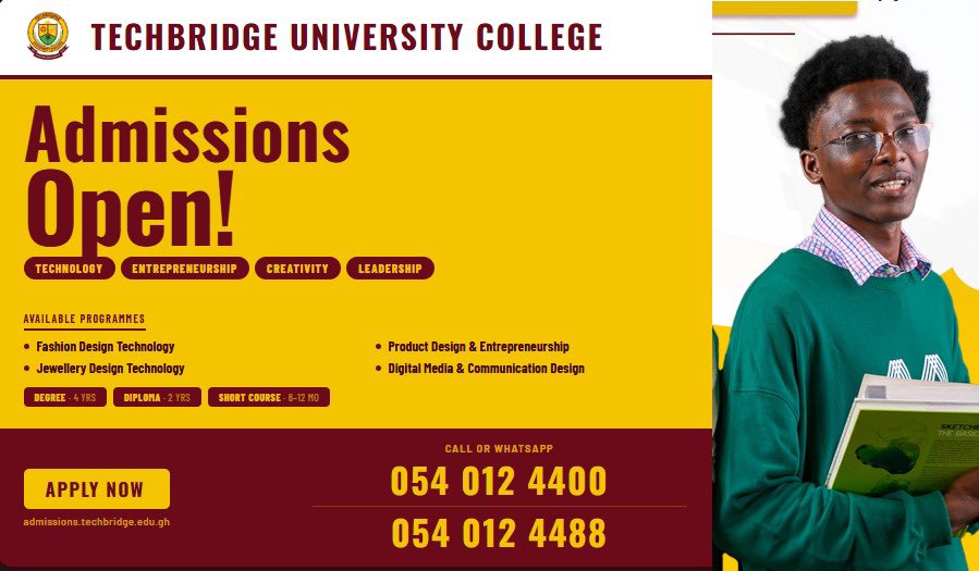 techbridgeedugh's tweet photo. 🎓 Admissions Open — TechBridge University College
Study Fashion Design, Jewellery Design, Product Design &amp; Digital Media.
Degree (4yr) | Diploma (2yr) | Short Course (6–12 mo)
Apply now 👉 https://t.co/iOwd2f5iTI
📲 054 012 4400 / 4488 https://t.co/aJ8L01XQxt