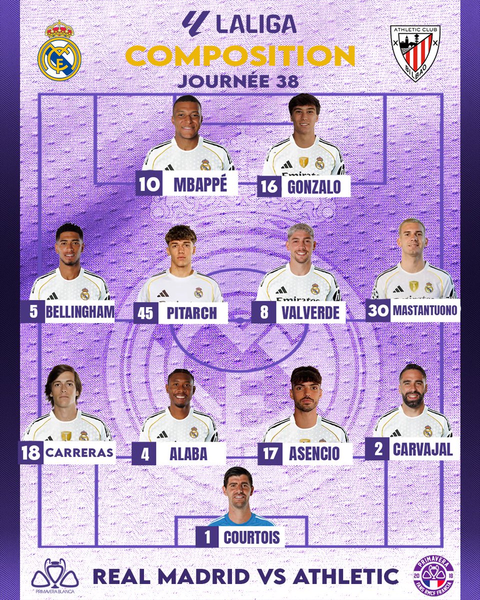PrimaveraFansFR's tweet photo. Notre XI de départ 🆚 Athletic 

Hala Madrid y Nada Más !🤍💜

#primaverafans #primaverablanca #gradafans #gradarmcf #realmadrid #rmcf #laliga #realMadridfrance https://t.co/V7PMMaaA2A