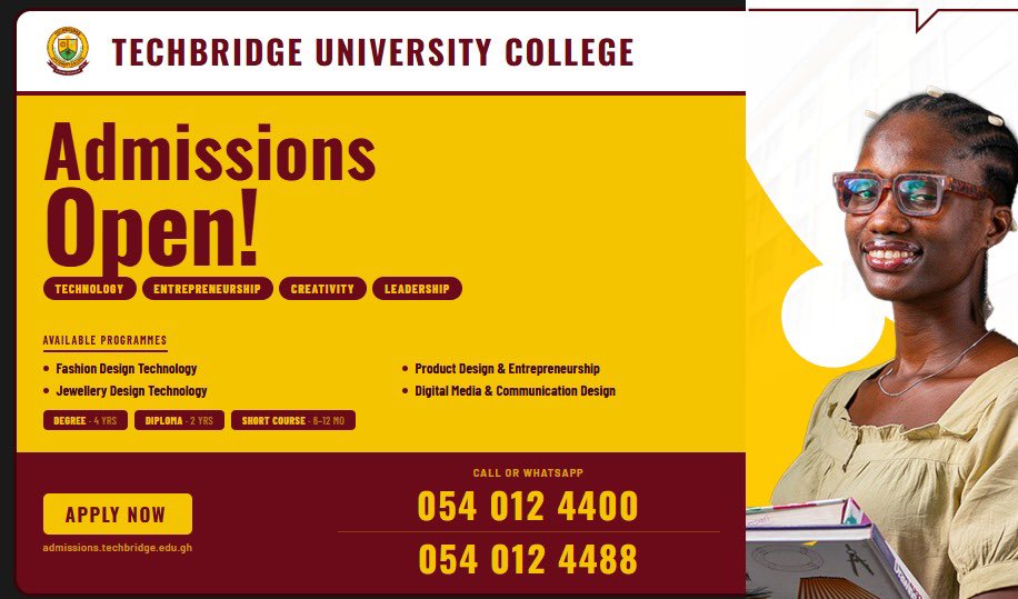 techbridgeedugh's tweet photo. @kwadwosheldon 🎓 Admissions Open — TechBridge University College
Study Fashion Design, Jewellery Design, Product Design &amp; Digital Media.
Degree (4yr) | Diploma (2yr) | Short Course (6–12 mo)
Apply now 👉 https://t.co/iOwd2f5iTI
📲 054 012 4400 / 4488 https://t.co/tAEoNXLzwr