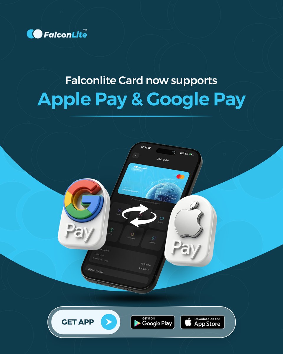 falconliteHQ's tweet photo. Big news! 🎉 Your Falconlite card now works with Apple Pay and Google Pay. Tap to pay anywhere, anytimem, the future of payments is here. Download the app and set it up today!
#FalconLite #ApplePay #GooglePay #Fintech https://t.co/tMSHjA0RAl