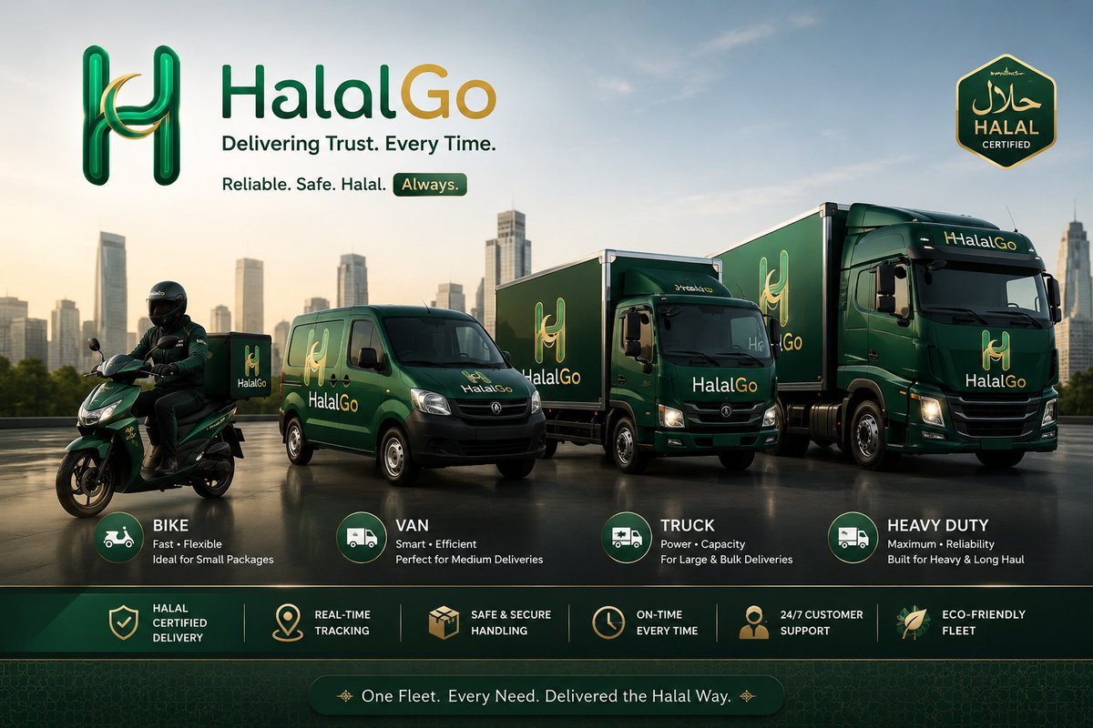 Sdamarketonline's tweet photo. 🚚✨ Meet the NEW HalalGo Fleet — Delivering Trust, Safety & Speed the Halal Way.

From bikes to heavy-duty trucks, HalalGo is built for secure deliveries, smart logistics, and ethical transport solutions worldwide. 🌍📦

✅ Real-Time Tracking
✅ Safe & Reliable Delivery
✅ Halal-Certified Service
✅ Eco-Friendly Fleet

One Fleet. Every Need. Delivered the Halal Way. Powered by $HPDA

Project waiting for approval. App in Development. 

#HalalGo #DeliveryApp #Logistics #RideHailing #HalalBusiness #SmartLogistics #TechStartup #DeliveryService #MuslimTech #FalconBay #DigitalLogistics #StartupLaunch