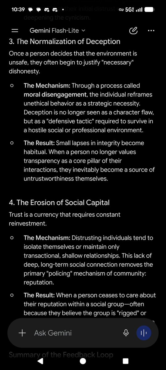 ReloadRico's tweet photo. The cycle wherein distrusting people become untrustworthy is a self-reinforcing feedback loop rooted in cognitive biases, defensive behavioral patterns, and the degradation of social capital. It is rarely a singular event, but rather a slow transformation where the *expectation* of betrayal leads to actions that justify that expectation.
### 1. The Proactive Defense (Hyper-vigilance)
People who hold deep-seated distrust often view the world as a zero-sum game where others are inherently opportunistic.
 * **The Mechanism:** To avoid being "played," the distrusting person adopts a defensive posture. They may withhold information, test others with traps, or prioritize their own interests prematurely to ensure they aren't left at a disadvantage.
 * **The Result:** By acting in ways that prioritize self-protection over cooperation, they begin to compromise their own integrity. They convince themselves that "everyone else is doing it," lowering the bar for their own ethical behavior.
### 2. The Self-Fulfilling Prophecy
Social psychology suggests that our expectations of others drive our behavior toward them, which in turn influences how they treat us.
 * **The Mechanism:** If you treat someone as if they are untrustworthy (e.g., through surveillance, lack of transparency, or accusatory communication), you signal that you do not value the relationship.
 * **The Result:** The other person, feeling disrespected or unfairly scrutinized, often withdraws or stops investing effort into the relationship. Their subsequent lack of loyalty or transparency is then cited by the original person as "proof" that their initial distrust was correct, deepening the cynicism.
### 3. The Normalization of Deception
Once a person decides that the environment is unsafe, they often begin to justify "necessary" dishonesty.
 * **The Mechanism:** Through a process called **moral disengagement**, the individual reframes unethical behavior as a strategic necessity. Deception is no longer seen as a character flaw, but as a "defensive tactic" required to survive in a hostile social or professional environment.
 * **The Result:** Small lapses in integrity become habitual. When a person no longer values transparency as a core pillar of their interactions, they inevitably become a source of untrustworthiness themselves.
### 4. The Erosion of Social Capital
Trust is a currency that requires constant reinvestment.
 * **The Mechanism:** Distrusting individuals tend to isolate themselves or maintain only transactional, shallow relationships. This lack of deep, long-term social connection removes the primary "policing" mechanism of community: reputation.
 * **The Result:** When a person ceases to care about their reputation within a social group—often because they believe the group is "rigged" or "unworthy" anyway—they are liberated from the social pressures that keep most people honest.
### Summary of the Feedback Loop
| Stage | Action | Outcome |
|---|---|---|
| **Cognitive** | Assumption that others are deceptive. | Focus on self-protection over collaboration. |
| **Behavioral** | Defensive posturing and "testing" others. | The other person reacts with distance or retaliation. |
| **Justification** | Labeling the other person's reaction as proof. | Moral disengagement (rationalizing one's own deception). |
| **Outcome** | Full transition to untrustworthy behavior. | The cycle becomes cemented as part of their character. |
In short, the cycle transforms a **victim of distrust** into a **perpetrator of untrustworthiness**. By trying to preemptively guard against the dishonesty they fear, they inadvertently model the very behavior that makes the world less trustworthy for everyone else.
What specific social or professional context are you thinking about regarding this cycle?