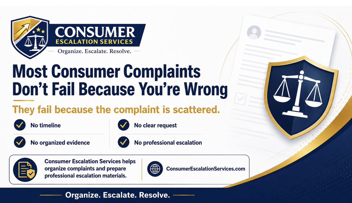 DavidCESFounder's tweet photo. Most consumer complaints do not fail because the customer is wrong.
They fail because the complaint is scattered.
No timeline. No organized evidence. No clear request. No professional escalation. No documented next step.
That is where Consumer Escalation Services helps.
We help consumers organize their complaint, prepare professional escalation materials, and present the issue clearly — so the company can better understand what happened and review the matter more seriously.
✅ Refund disputes ✅ Billing issues ✅ Travel problems ✅ Contractor disputes ✅ Rideshare and delivery app deactivation complaints ✅ Warranty and service complaints
CES is not a law firm and does not provide legal advice. We provide nonlegal complaint preparation and escalation support.
When customer service gives you the runaround, your next step should be organized — not emotional.
https://t.co/ZyeYHHYOvH
#ConsumerRights #CustomerService #RefundHelp #ConsumerProtection #ConsumerEscalationServices