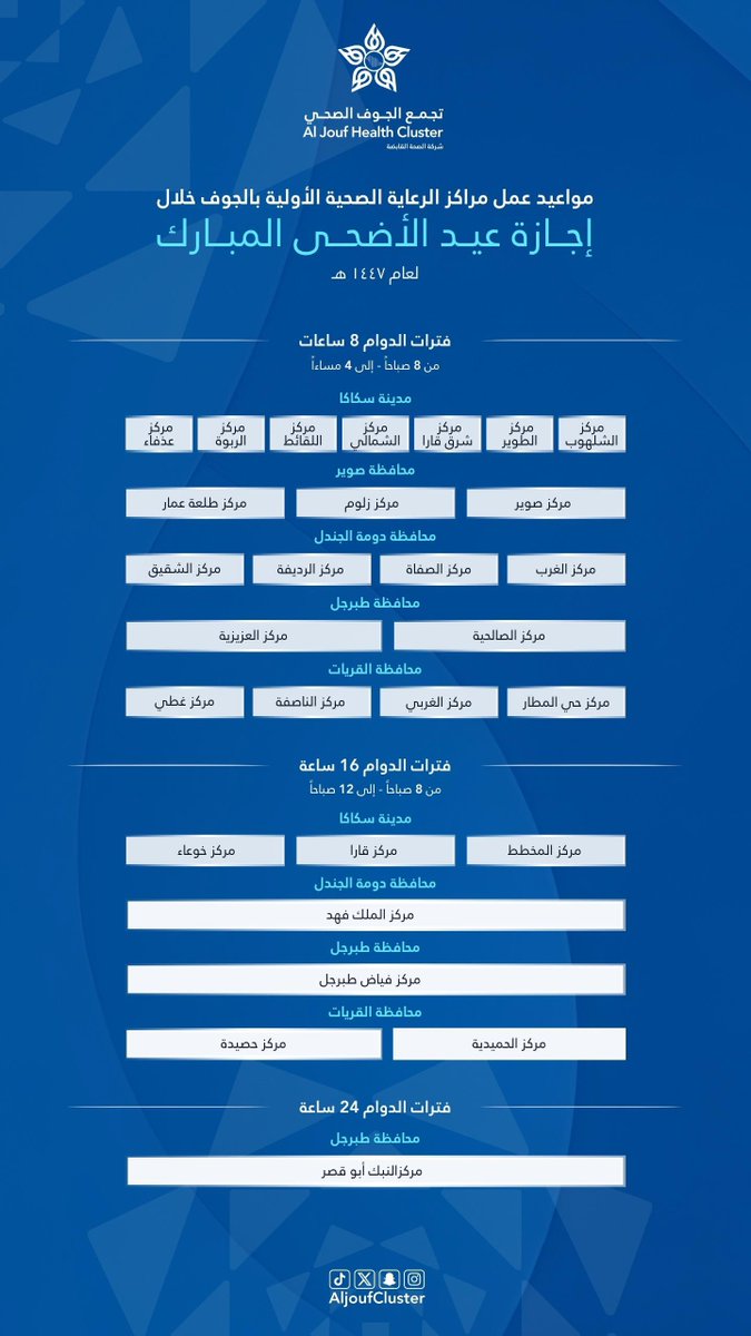 AljoufCluster's tweet photo. #إعلان | 📢

خدمتكم مستمرة خلال إجازة عيد الأضحى المبارك 1447 هـ ، عبر مراكز الرعاية الصحية الأولية المناوبة ، لأن سلامتكم أولويتنا.

#تجمع_الجوف_الصحي
#جوفنا_صحي https://t.co/F1WXAXQYyZ