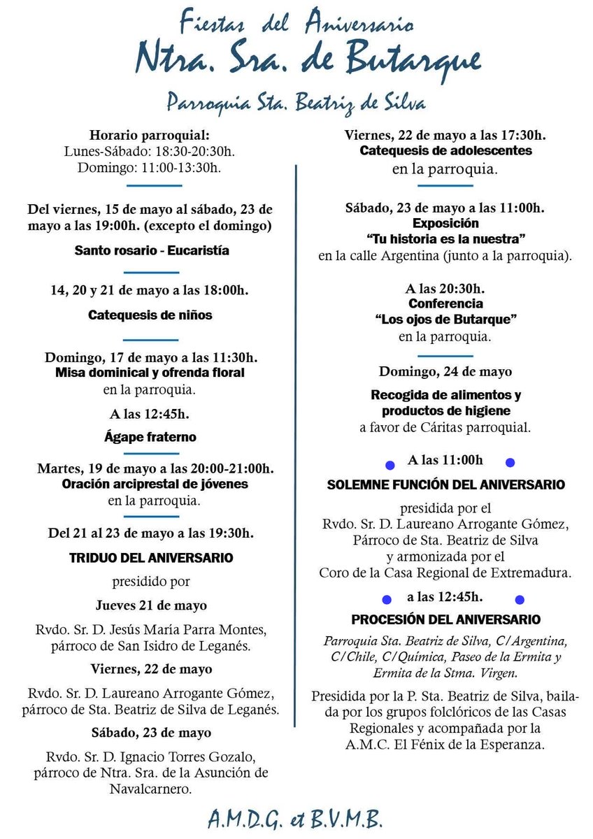villadeleganes's tweet photo. Completamos este fin de semana acompañado a Ntra Sra @VirgenButarque con Misa y Procesión.
🔸Domingo 24 Mayo
🔹11h P. Sta Beatriz De Silva https://t.co/oxPjqN9quZ