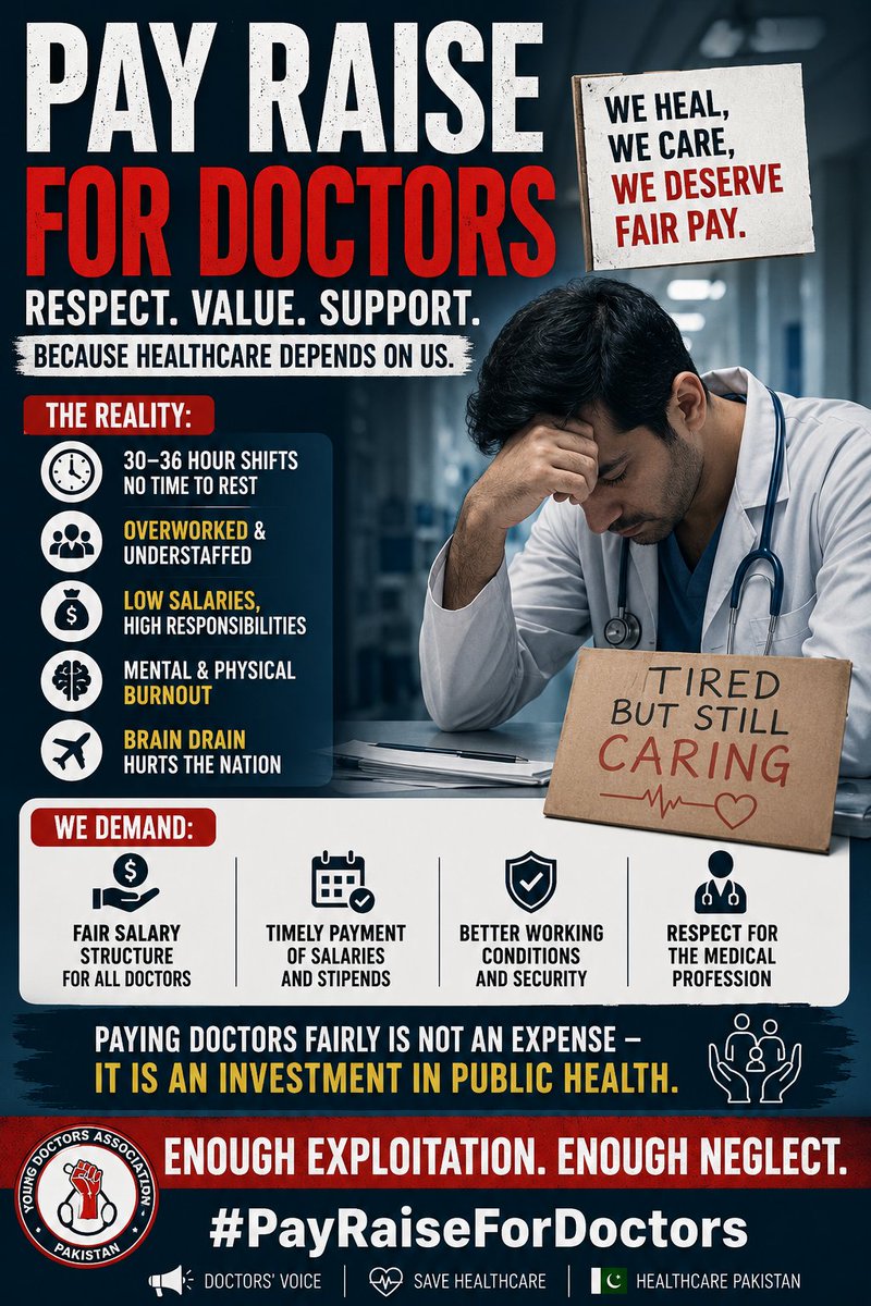 ShoaibMehsud8's tweet photo. A healthcare system cannot survive on exhausted and underpaid doctors.
#PayraiseForDoctors https://t.co/HARsywlC1q