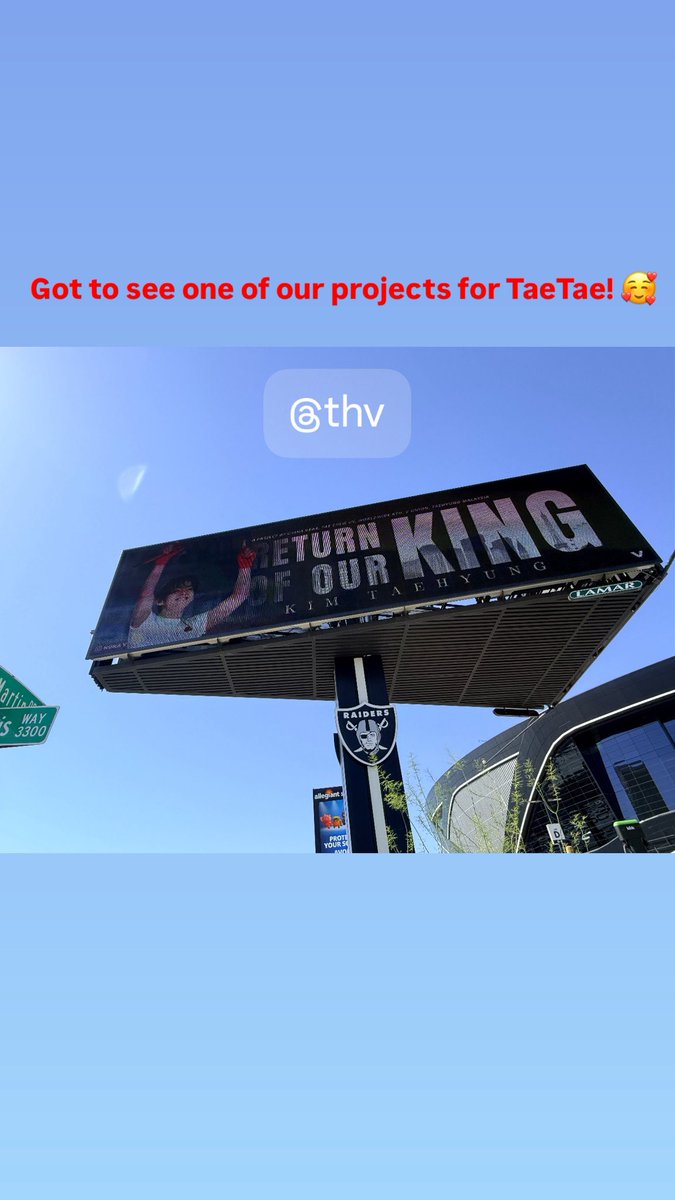 PyTDevlin's tweet photo. Got to see one of our (Tae Crew US) projects for Taetae, located right in front of the Allegiant Stadium! 🥰🥰🥰
#THV #BTSV #TaeCrewUS #KINGV https://t.co/YQh8dYECTs
