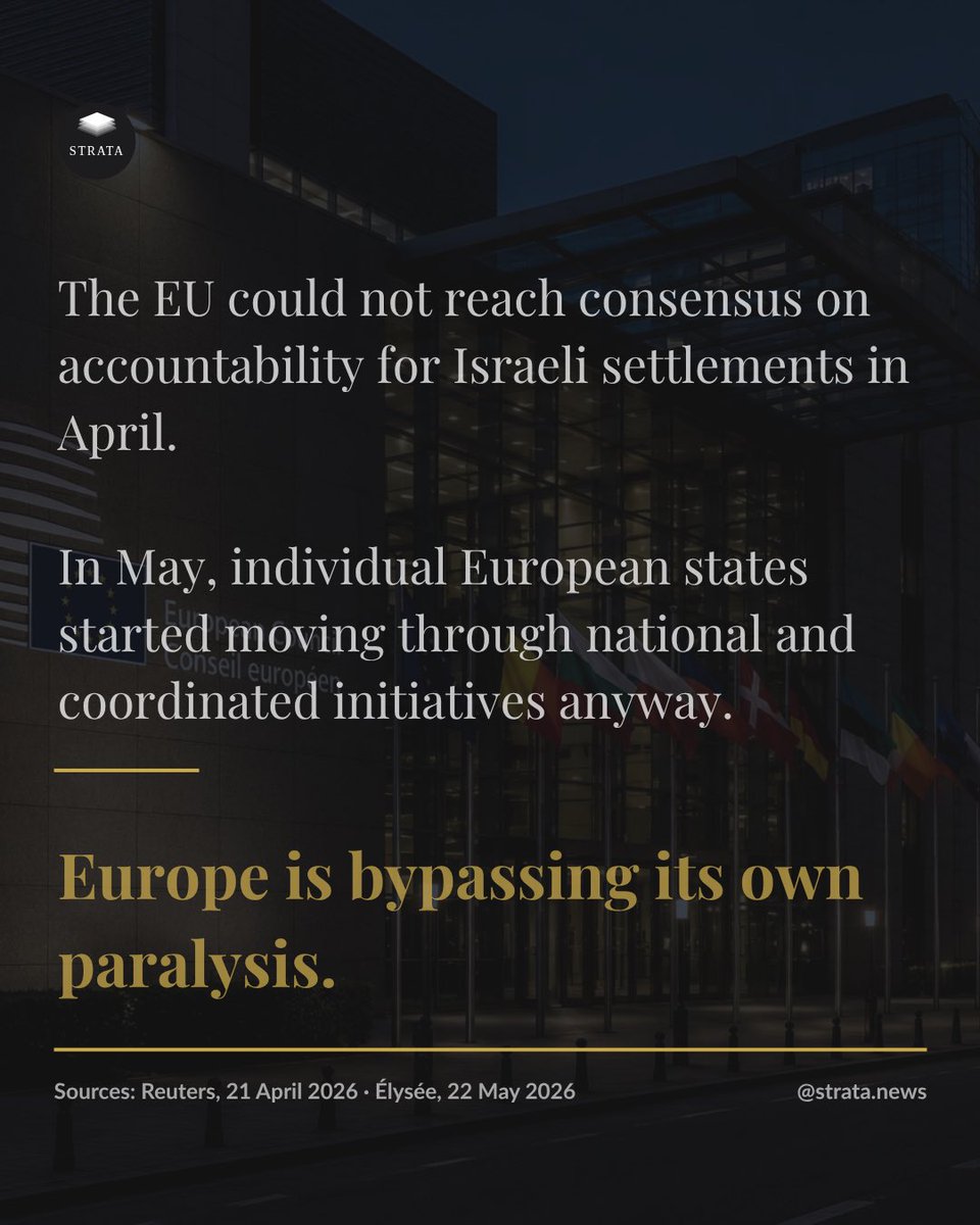 Strata_News's tweet photo. The EU failed to reach consensus on Israeli settlement accountability in April. 

By May, member states were moving anyway through national bans, coordinated warnings, and parallel enforcement.

The paralysis is no longer absolute.

#Geopolitics #EU #Israel #Palestine #InternationalLaw