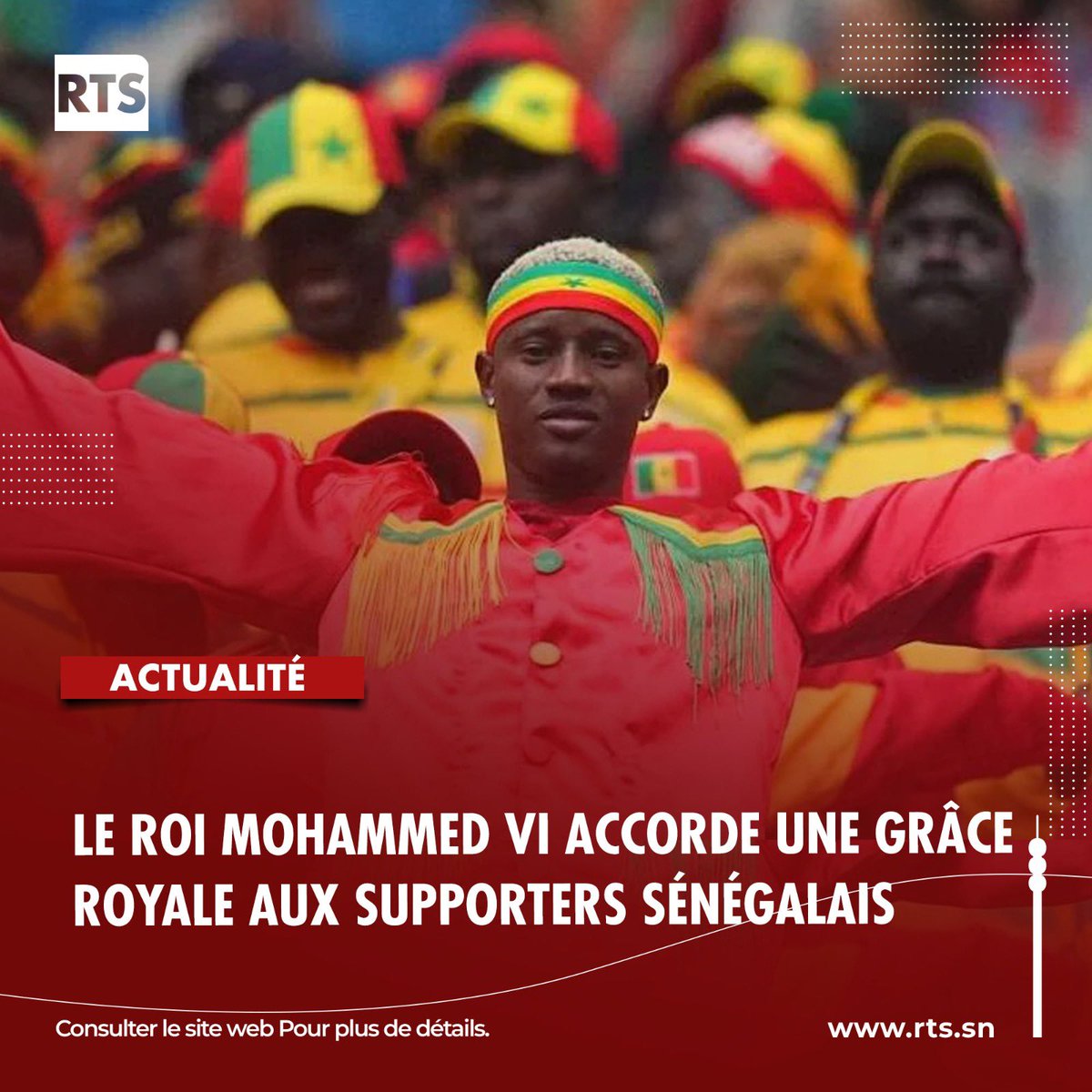 RTS1_Senegal's tweet photo. À l’occasion de l’Aïd Al Adha, le Roi Mohammed VI du Maroc a accordé une Grâce Royale aux supporters sénégalais condamnés lors de la CAN 2025 organisée au Maroc.
https://t.co/6snUTOEkye https://t.co/zUxXHhB0Fm