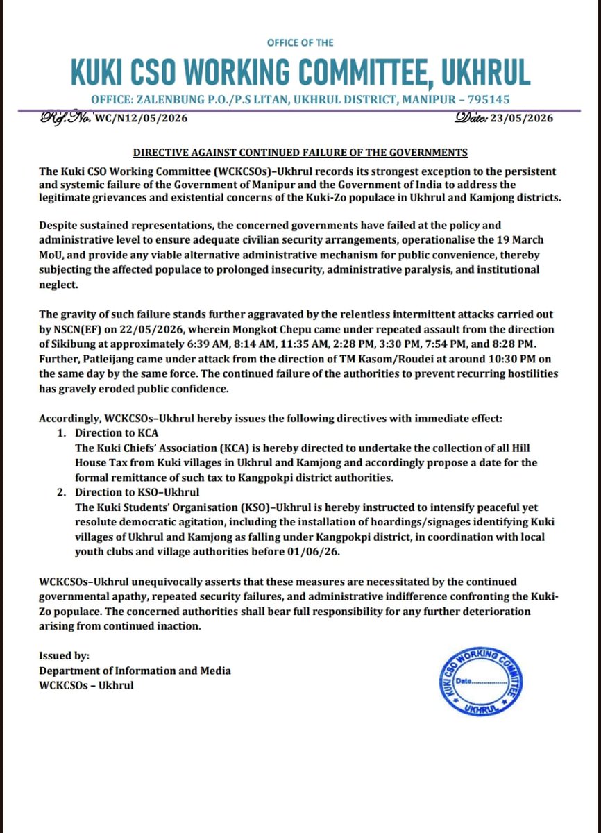 KipsKuki's tweet photo. #Manipur
With no regards or willingness from the GoM regarding its MoU signed with the Kukis of Ukhrul, WCKCSOs of Ukhrul has directed the Kuki Chief Association to submit its taxes to Kangpokpi instead of Ukhrul. And, identify Kukis villages in Ukhrul to be under Kangpokpi. https://t.co/V4sKtbSOEv