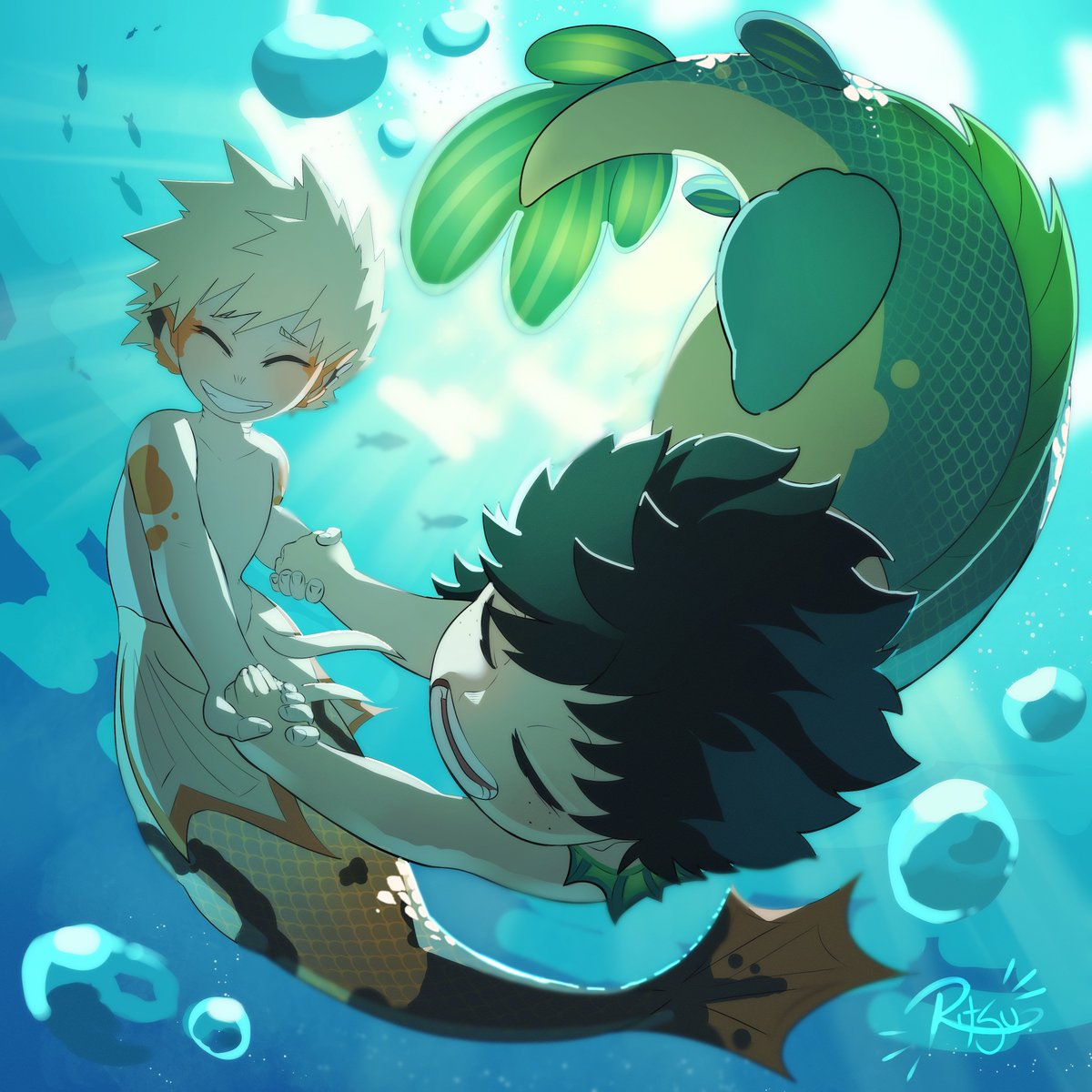 Re_1tsu's tweet photo. Just two little mer playing 💚🧡

Another piece i made for @bkdkbkmerzine, I really feel in love with this mer thematic 🧜‍♂️💖

#bkdk https://t.co/r5WVsMcR37