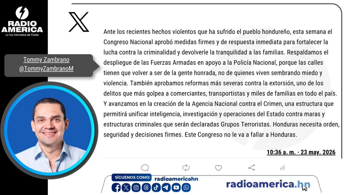 radioamericahn's tweet photo. “Honduras necesita orden, seguridad y decisiones firmes”, lo expresado por el presidente del Congreso Nacional, Tomás Zambrano, quien además dijo que este poder del Estado “aprobó medidas firmes y de respuesta inmediata para fortalecer la lucha contra la criminalidad y devolverle la tranquilidad a las familias”.

#RadioAmérica #Honduras #AméricaNoticias
Clic: https://t.co/SuPQlnw0vH
