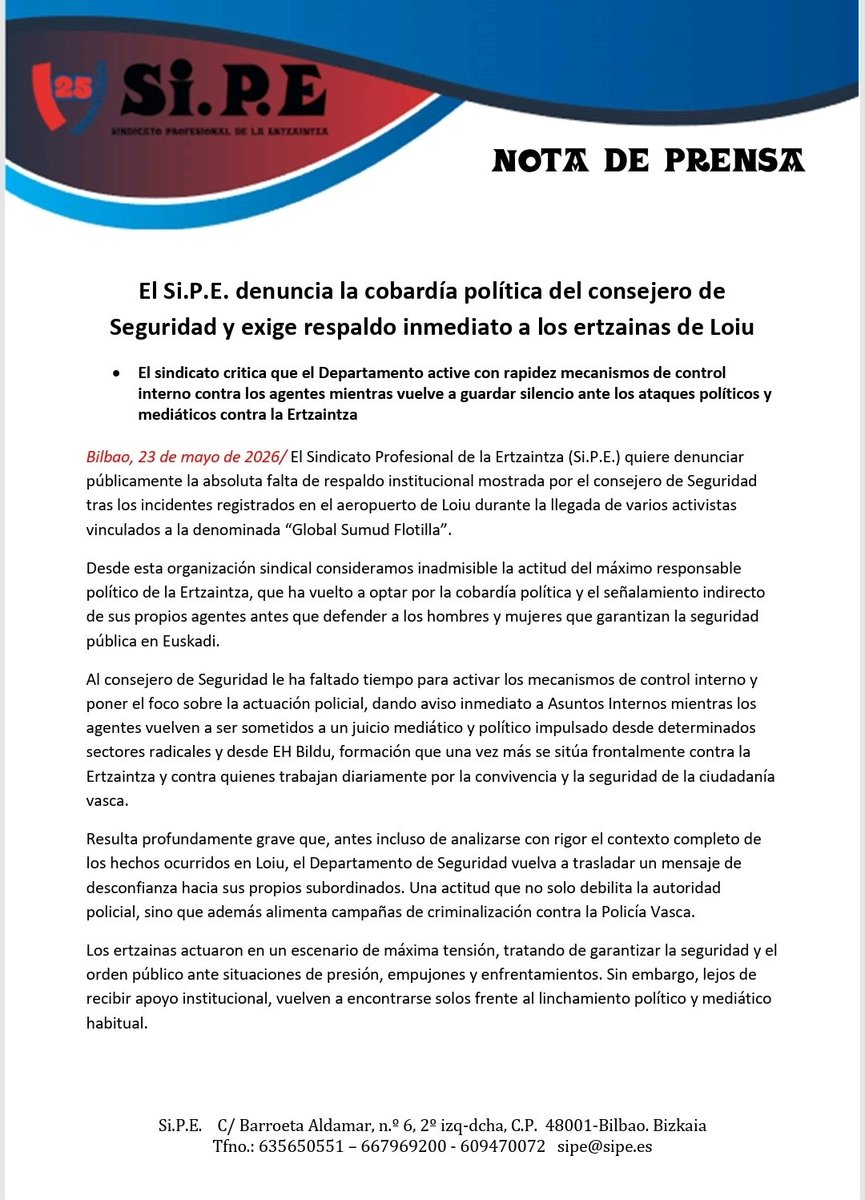 sipertzaintza's tweet photo. 🚔 El consejero vuelve a dejar solos a los ertzainas.
Mientras @ehbildu carga contra la @ertzaintzaEJGV, el Departamento activa antes Asuntos Internos que el respaldo a sus agentes.
🔵 Basta ya de criminalizar a quienes nos protegen.
#Ertzaintza #SiPE #Loiu https://t.co/U5K1ZDvQ5H