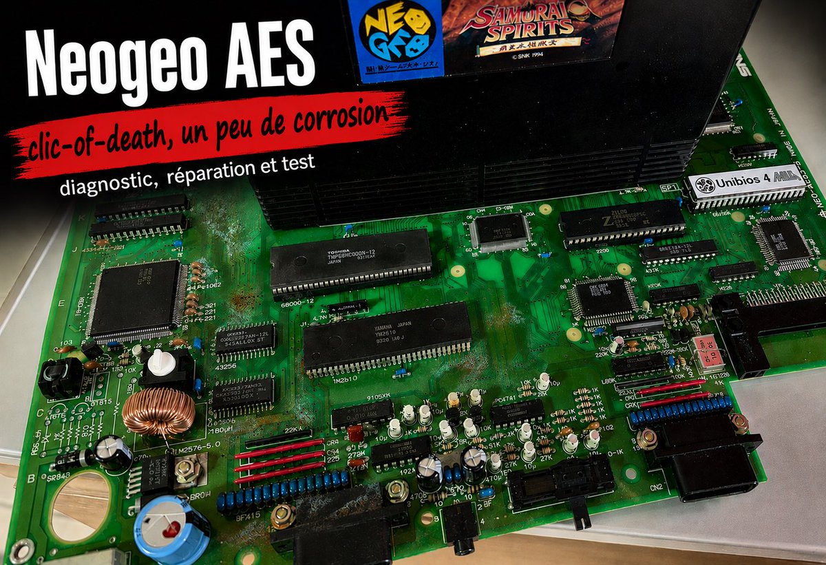 nic0344's tweet photo. #neogeo #aes console repair: minor click-of-death + some corrosion 🧵

The console was bought through a proxy, arrived non-functional (blue/white screen). A previous tech had simply reflowed the LSPC2-A2 and called it a day.

What’s a click-of-death? The console tries to boot, detects something’s wrong (missing data/address line, stuck signal, missing key signal…) and reboots in a loop. Causes vary: dead chip, broken trace, incorrect signal state polluting a bus.

First step: power supply & power connector check ✅
Connector replaced as a precaution.

Previous rework was clean — lead-free solder, less ideal to work with, but neatly done.

Microscope inspection: clean, original board. One prior repair top-right near the upper palette RAM. A patch was there but oversized for my taste, and one via looked corroded. Cleaned and repaired the area.

Key insight on click-of-death:
It’s often tied to corroded traces. The address/data bus is critical on this platform — it touches many chips, including the 68000 CPU.

When I spot corrosion anywhere, I sweep a 5–10cm zone around it. Moisture enters through the vents — if the console sits vertically with the power button down, it can creep in through the cartridge port 🙂

On AES, this is essential to check. A large majority of faults trace back to this.

Scope check around: NEO-B1 ✅, cartridge port top/bottom ✅, 68000 zone…

💥 Bingo. little corrosion spot hiding...

The break targets address line A5, connected to the 68000, work RAM, BIOS, NEO-E0, and both cartridge ports. A critical line for everything — console and games alike.

The bus wasn’t reaching the CPU. The watchdog (frame counter, managed by NEO-B1) handles resets when it’s in a specific state or not updated in time:
👉 https://t.co/m1m5BxcEjp

Fix: 0.04mm copper wire + UV lacquer. Done ✅

Slapped a NeoPass on it and let it run! 🎮

#retrogaming #arcade #neopass
