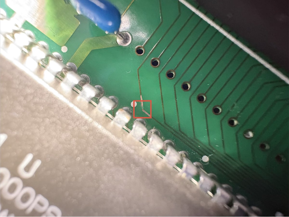 nic0344's tweet photo. #neogeo #aes console repair: minor click-of-death + some corrosion 🧵

The console was bought through a proxy, arrived non-functional (blue/white screen). A previous tech had simply reflowed the LSPC2-A2 and called it a day.

What’s a click-of-death? The console tries to boot, detects something’s wrong (missing data/address line, stuck signal, missing key signal…) and reboots in a loop. Causes vary: dead chip, broken trace, incorrect signal state polluting a bus.

First step: power supply & power connector check ✅
Connector replaced as a precaution.

Previous rework was clean — lead-free solder, less ideal to work with, but neatly done.

Microscope inspection: clean, original board. One prior repair top-right near the upper palette RAM. A patch was there but oversized for my taste, and one via looked corroded. Cleaned and repaired the area.

Key insight on click-of-death:
It’s often tied to corroded traces. The address/data bus is critical on this platform — it touches many chips, including the 68000 CPU.

When I spot corrosion anywhere, I sweep a 5–10cm zone around it. Moisture enters through the vents — if the console sits vertically with the power button down, it can creep in through the cartridge port 🙂

On AES, this is essential to check. A large majority of faults trace back to this.

Scope check around: NEO-B1 ✅, cartridge port top/bottom ✅, 68000 zone…

💥 Bingo. little corrosion spot hiding...

The break targets address line A5, connected to the 68000, work RAM, BIOS, NEO-E0, and both cartridge ports. A critical line for everything — console and games alike.

The bus wasn’t reaching the CPU. The watchdog (frame counter, managed by NEO-B1) handles resets when it’s in a specific state or not updated in time:
👉 https://t.co/m1m5BxcEjp

Fix: 0.04mm copper wire + UV lacquer. Done ✅

Slapped a NeoPass on it and let it run! 🎮

#retrogaming #arcade #neopass