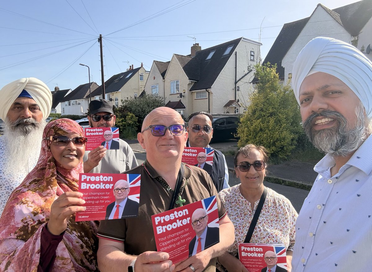 TanDhesi's tweet photo. Good couple of days campaigning with hardworking #LabourActivists in sunny #Slough for Preston, our experienced dedicated @UKLabour council candidate.

If you live in Cippenham Green, please don’t waste your vote on other parties — to keep out #ReformUK, please #VoteLabour🌹 https://t.co/MX9Es1ZZCX