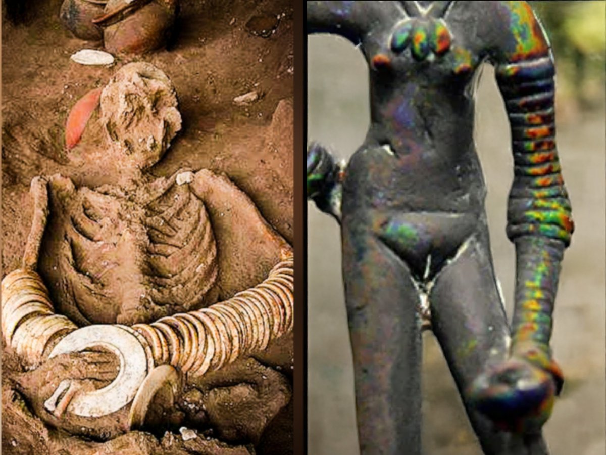 GemsOfINDOLOGY's tweet photo. Two bodies.
Two materials.
One grammar.

On the left: a North faced Thai burial 1500 BCE with stacked shell bangles encircling the forearm. Bone preserved the position.

On the right: the bronze female figurine from Mohenjo-daro, c. 2500 BCE. Her arm is almost entirely sheathed in bangles.

Different contexts. Same compositional rule.

Repetition. Density. Forearm dominance.

This is not random ornament.
It’s structure. It’s syntax. It’s design logic applied to the human body.

Adornment wasn’t decoration.
It was architecture worn on skin.

Shared adornment grammar.

#Archaeology #IndusValley #MaterialCulture