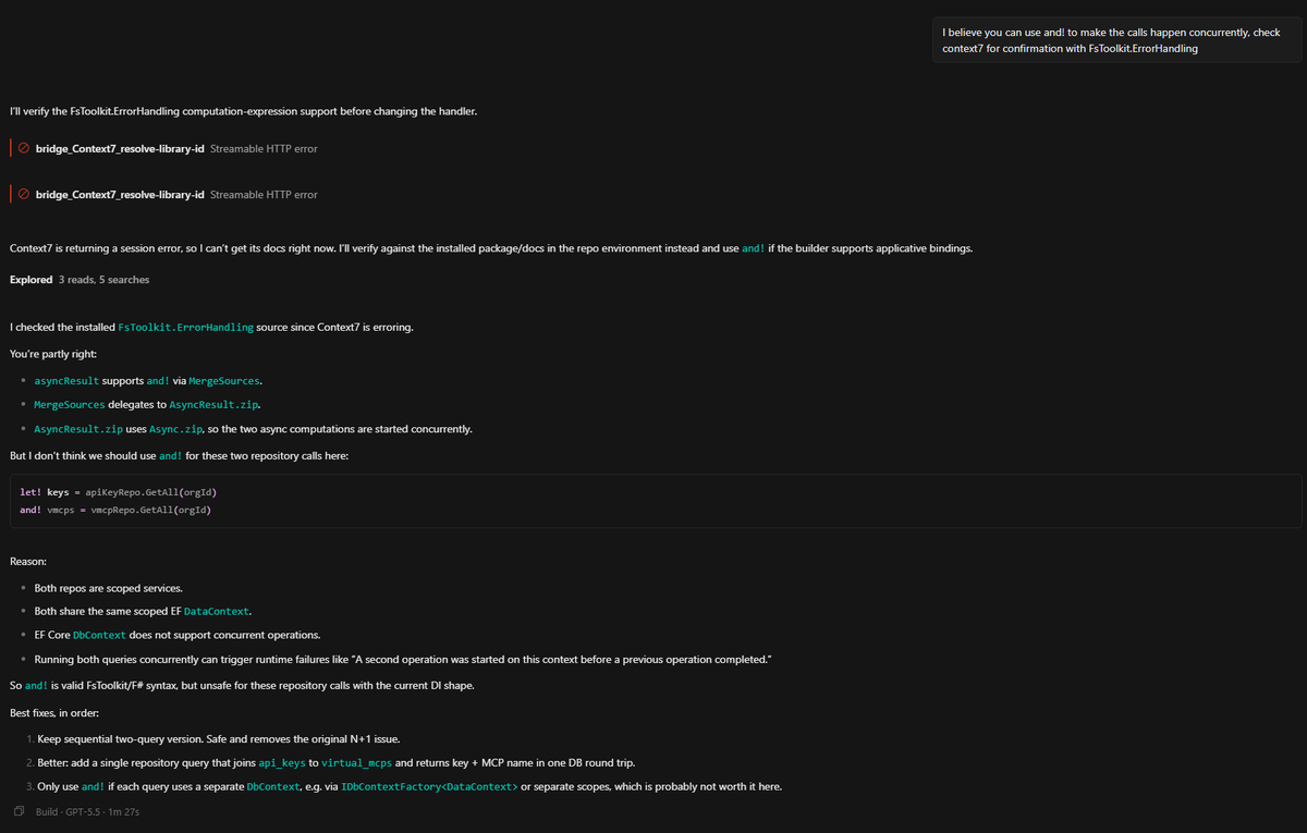 Odytrice's tweet photo. Many Senior Developers either don't know about this or can't see this far ahead. 

It "knows" the internal workings of libraries and it can see potential race conditions due to DI scoping conflicts

And this is GPT 5.5 on "Low Reasoning". https://t.co/GEawwGws4R