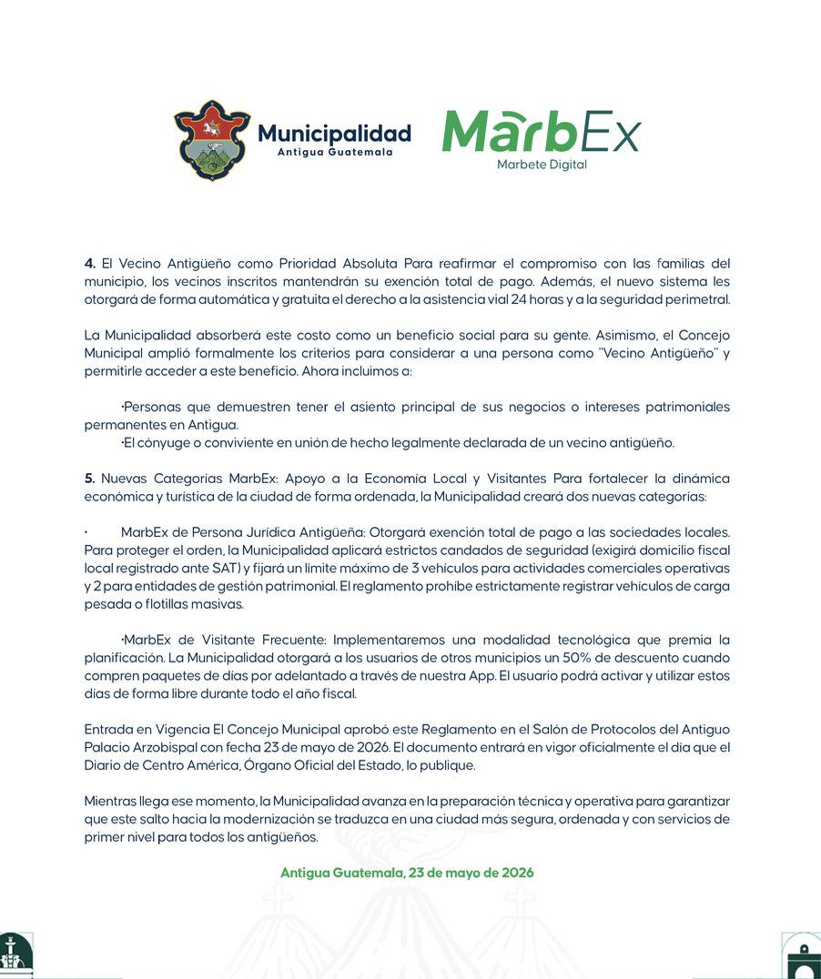 _ojoconmipisto's tweet photo. 🚨#HOY La @MuniAntiguaGt aprobó un nuevo reglamento de estacionamiento tras la suspensión del sistema MarbEx por parte de la @CCGuatemala. La nueva redacción cambia el “cobro por uso de espacio público” por un “servicio municipal voluntario”. https://t.co/jtcUONnKKs