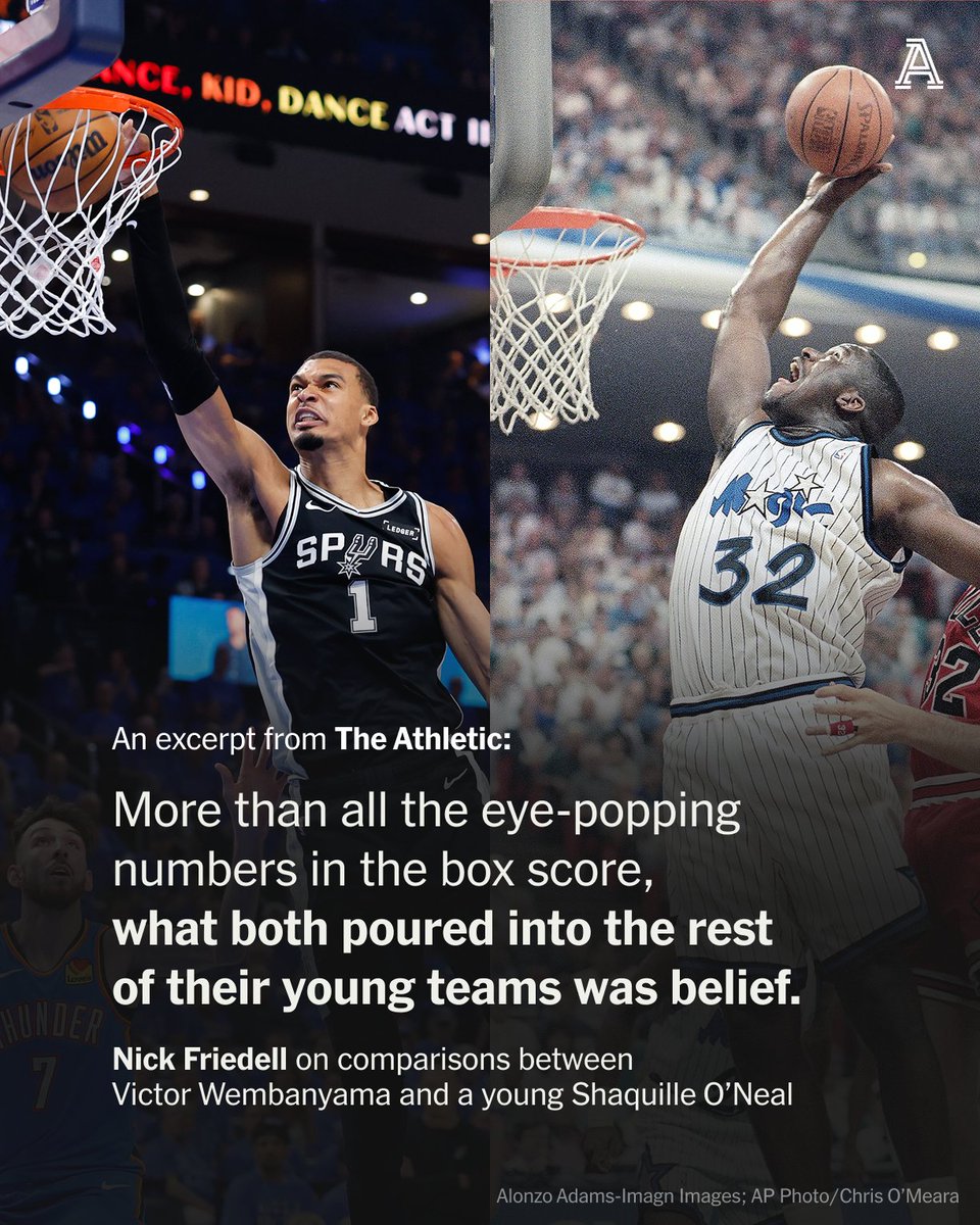 TheAthletic's tweet photo. Victor Wembanyama has the Spurs in the conference finals in Year 3. Young Shaq did the same thing in Orlando.

The similarities go beyond size and dominance — it’s about belief, fear and the feeling that a franchise’s future has arrived.

Read for free: https://t.co/xYdtsV20ho https://t.co/C82z2iqkZn