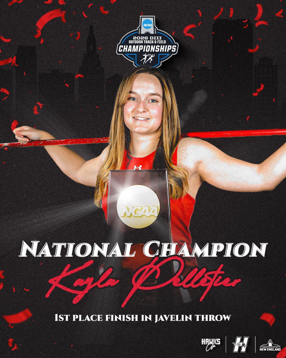 HartfordHawks's tweet photo. NATIONAL CHAMPION

Kayla Pelletier Wins the Women’s Javelin Throw to Be Crowned the Division III National Champion! 

#HawkPride https://t.co/JamAnlxngg