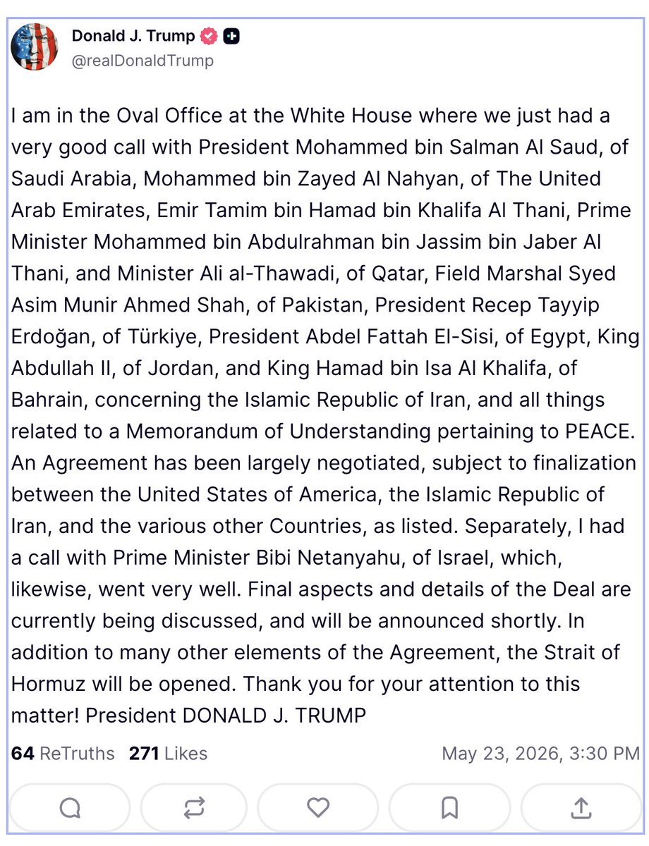 BreannaMorello's tweet photo. 🚨BREAKING NEWS🚨

President Donald Trump says a peace agreement has been reached with the United States, Iran, and countries listed in his. post.

He says the Strait of Hormuz will be opened.

Details coming soon... https://t.co/kXUOCsnUCG