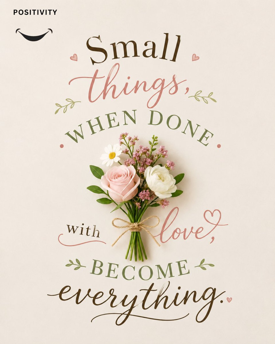 PositivitySaid's tweet photo. 🌸 Small things, when done with love, become everything.

It’s not always the grand gestures, but the quiet acts of kindness and care that create the deepest meaning in life. Pour love into the little things today. 💕

Tag someone who makes the ordinary feel magical ✨ https://t.co/udo0lsDwni