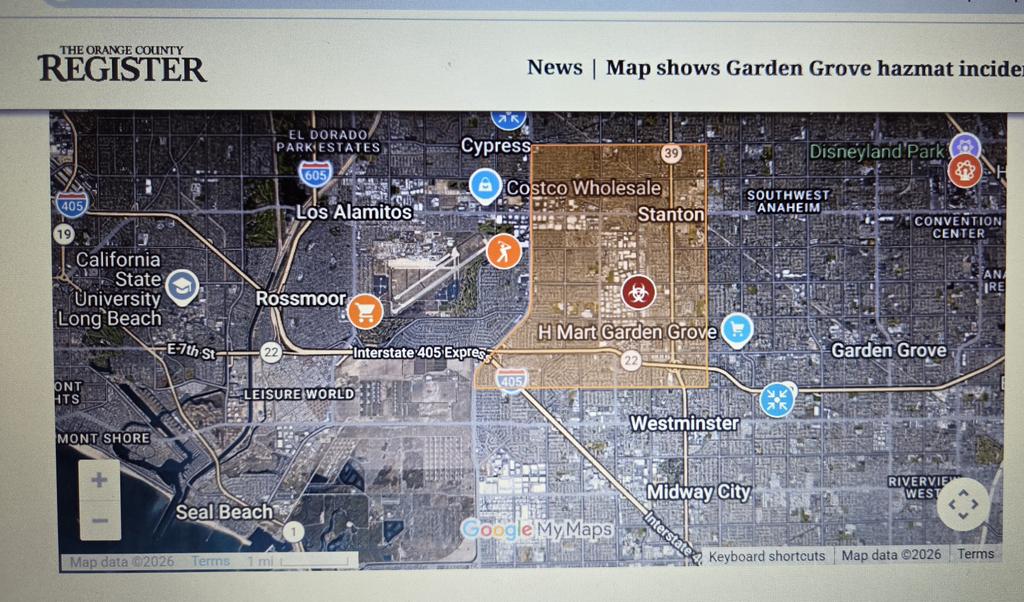 trigonis30's tweet photo. Current evacuation map related to dangerous chemical spill in Garden Grove CA. Please keep your distance. Leaking tank can explode at any time and the release of chemicals into the air can be extremely toxic https://t.co/Q4caDHnqpp
