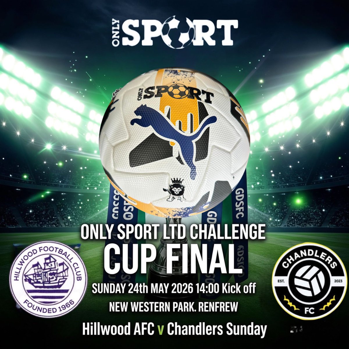 SnJsFootyFocus's tweet photo. ⚽️ COUNTDOWN TO THE FINAL ⚽️

The build-up to Sunday’s GDSFC Only Sport Challenge Cup Final is well underway.

🏆 Hillwood AFC vs Chandlers Sunday
📍 New Western Park, Renfrew
🕑 Sunday 24th May — 2PM KO
🎟 £5 admission (Concessions & U16s free)

One thing quietly becoming part of the GDSFC finals experience is the customised final match ball created alongside league sponsors Only Sport Ltd.

Speaking to Frank Sideline, Nim explained how the idea originally came about.

“It came from a conversation between myself and league sponsor Only Sport Ltd. We had originally been talking about putting club or league branding onto training balls.

Then when I went in to pick up some things for the finals, he had created a ball with both finalists’ logos on it. Honestly, it looked amazing straight away.”

“For me, small details like that matter because they help make finals feel like proper occasions for the players and clubs involved.”

“A lot of boys in Sunday football might only get one or two finals in their careers, so anything that gives them memories from the day is important.”

“The winning team signing the ball and keeping it also gives clubs something lasting from the occasion.”

“I think another league has actually seen the idea this season and went asking about doing similar for their own finals as well, which is good to see.”

Different divisions. Same opportunity.

#GDSFC #ScottishAmateurFootball #AmateurFootball #ChallengeCupFinal #OnlySport #SundayFootball

@GDSFC2008
