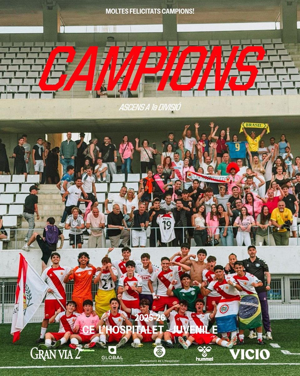 CELHFutbolBase's tweet photo. [CAMPIONS]

🏆🎉 El Juvenil E s'ha proclamat campió de lliga i assoleix l'ascens a 1a Divisió!

🙌 El conjunt de Carlos Rivero ha guanyat la lliga a una jornada per al final del campionat!

✨️ Felicitats a tot l'equip i famílies!

#SomhiHospi #SomFutur⚪️❤️ https://t.co/D9tRZcMCvZ
