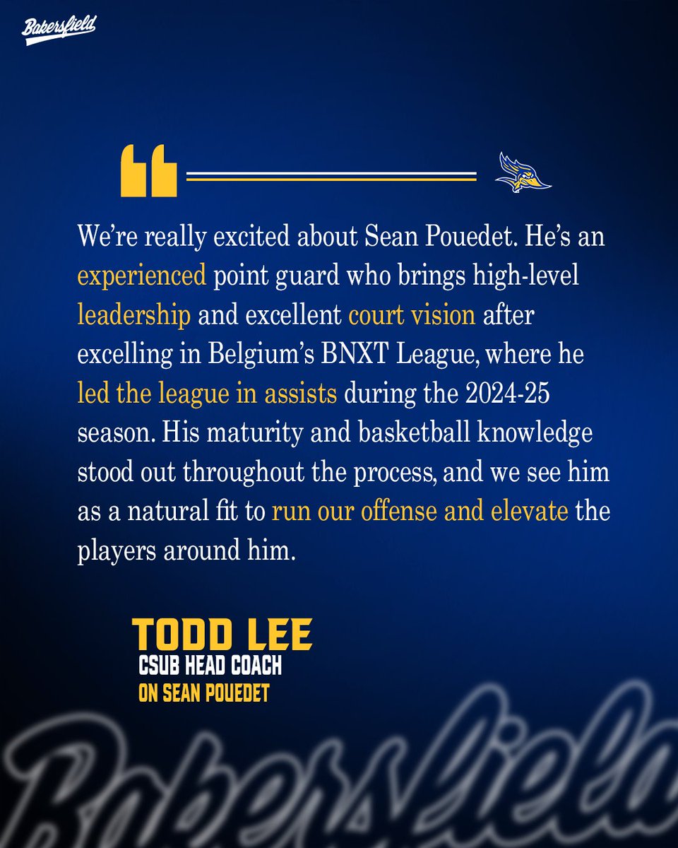 CSUB_MBB's tweet photo. Welcome to Bakersfield, Sean 👌🏽

We continue our 2026-27 roster reveal with Dayton transfer Sean Pouedet, who brings both NCAA and European club experience under his belt.

Swipe ⏩ for Coach Lee's insights on Sean. https://t.co/kxW92h95VS